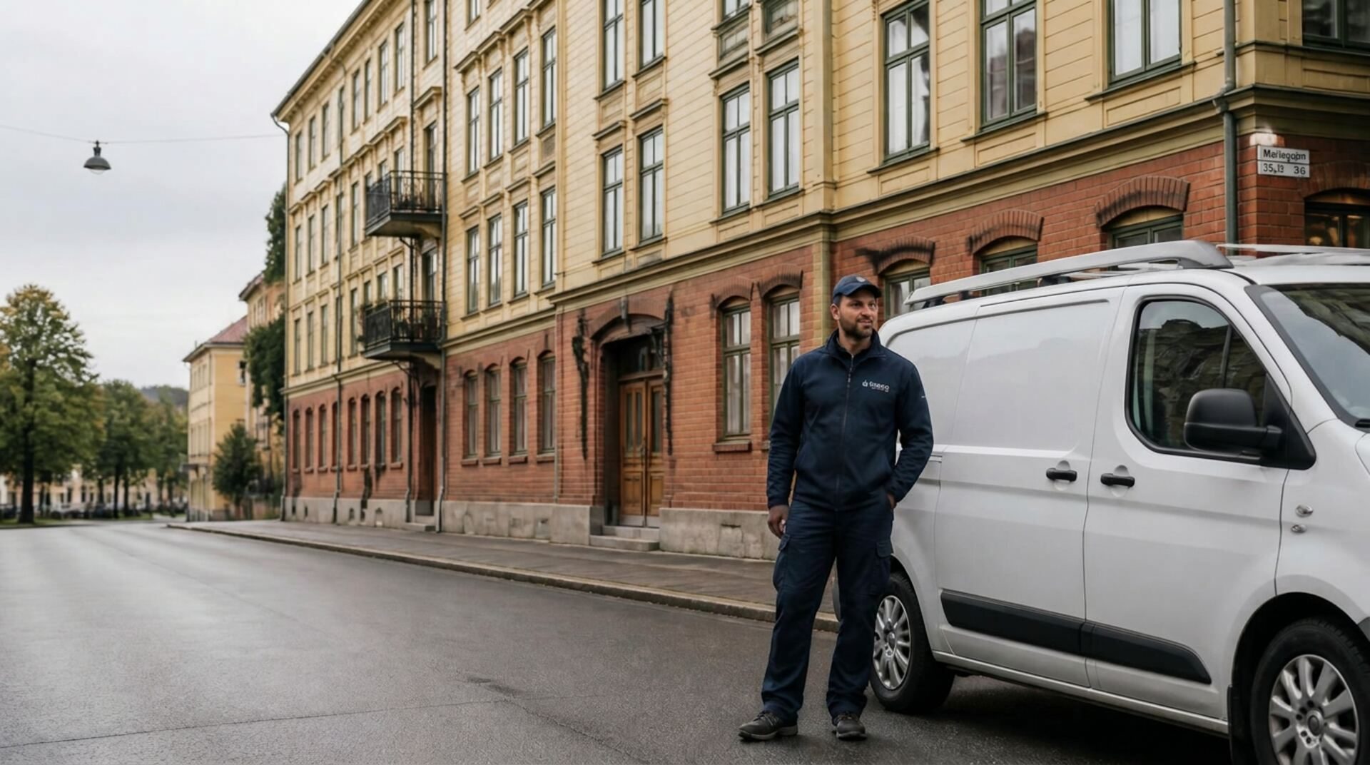 Tekniker vid servicebil framför flerbostadshus i Göteborg